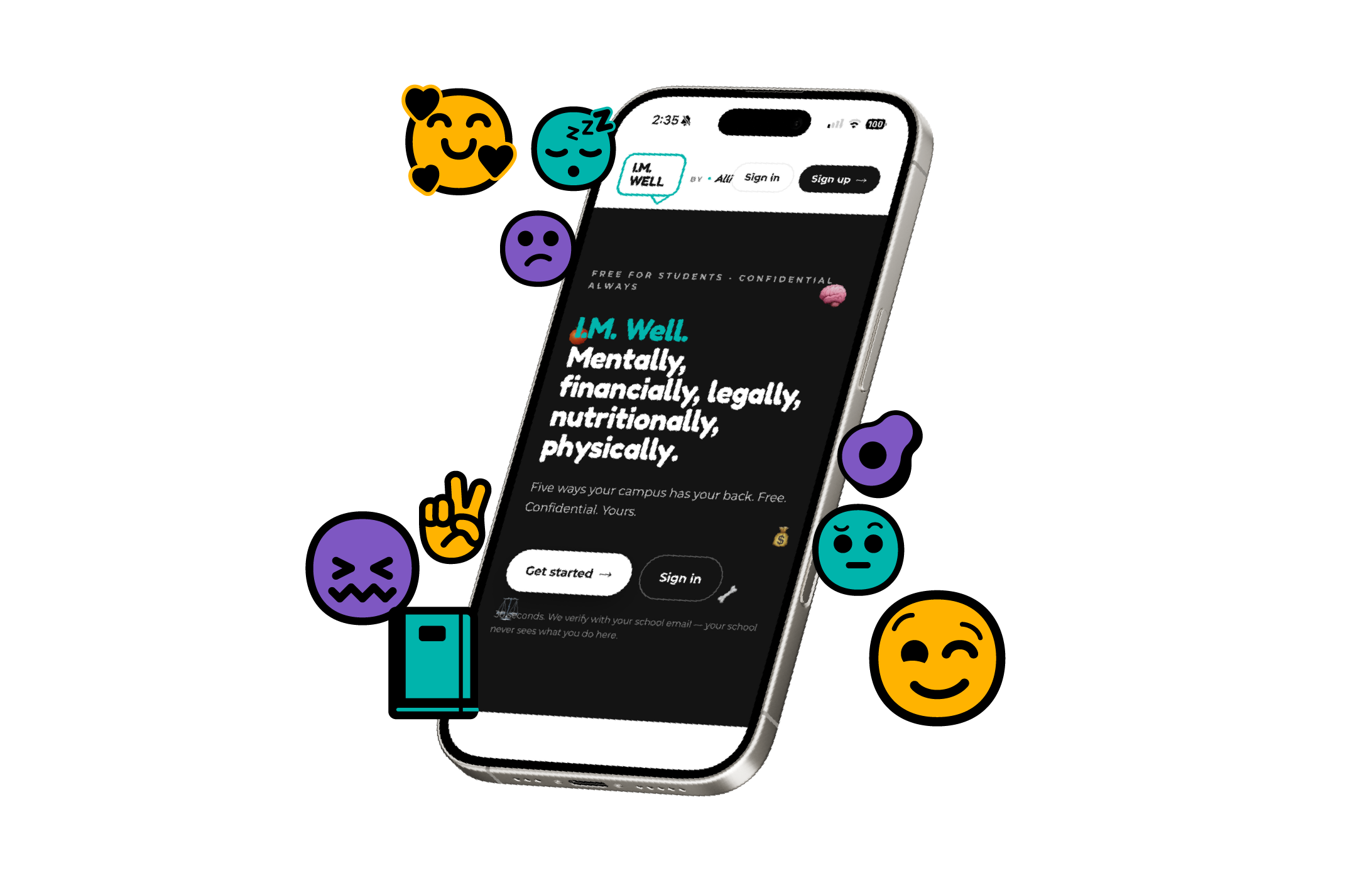 I.M. Well mobile app surrounded by support icons